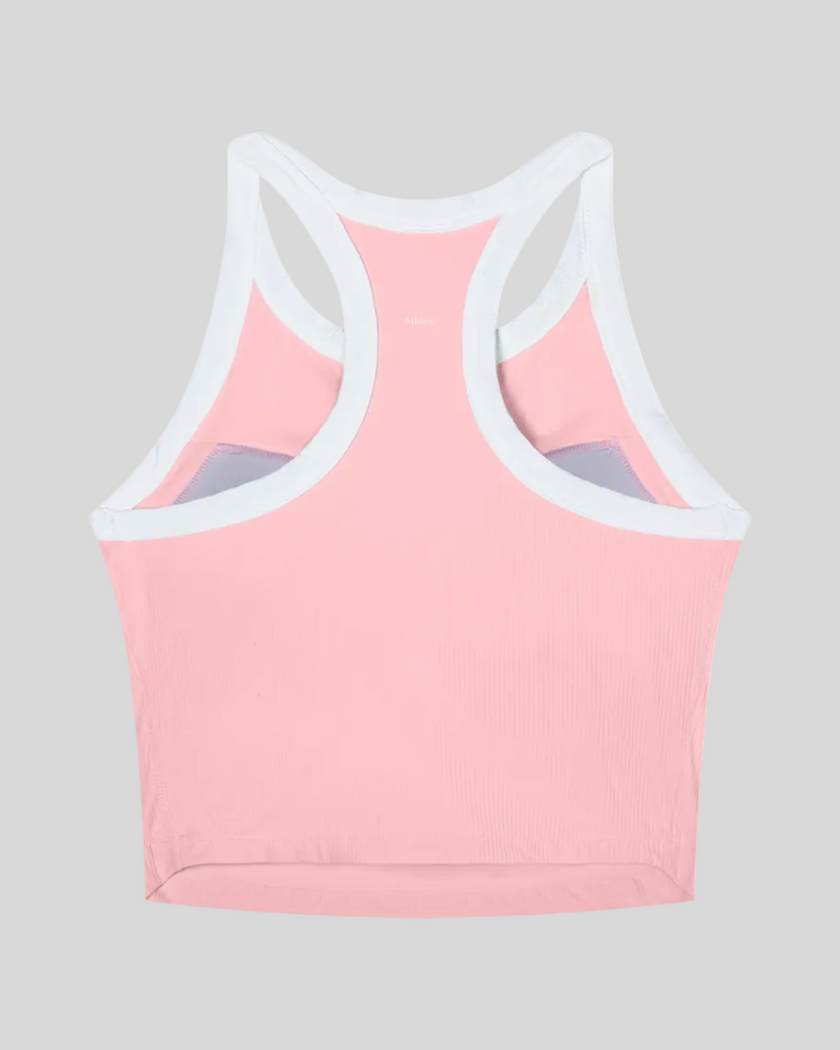 TrackLine color block tank top in Pink back view showing racerback design and contrasting trim.
