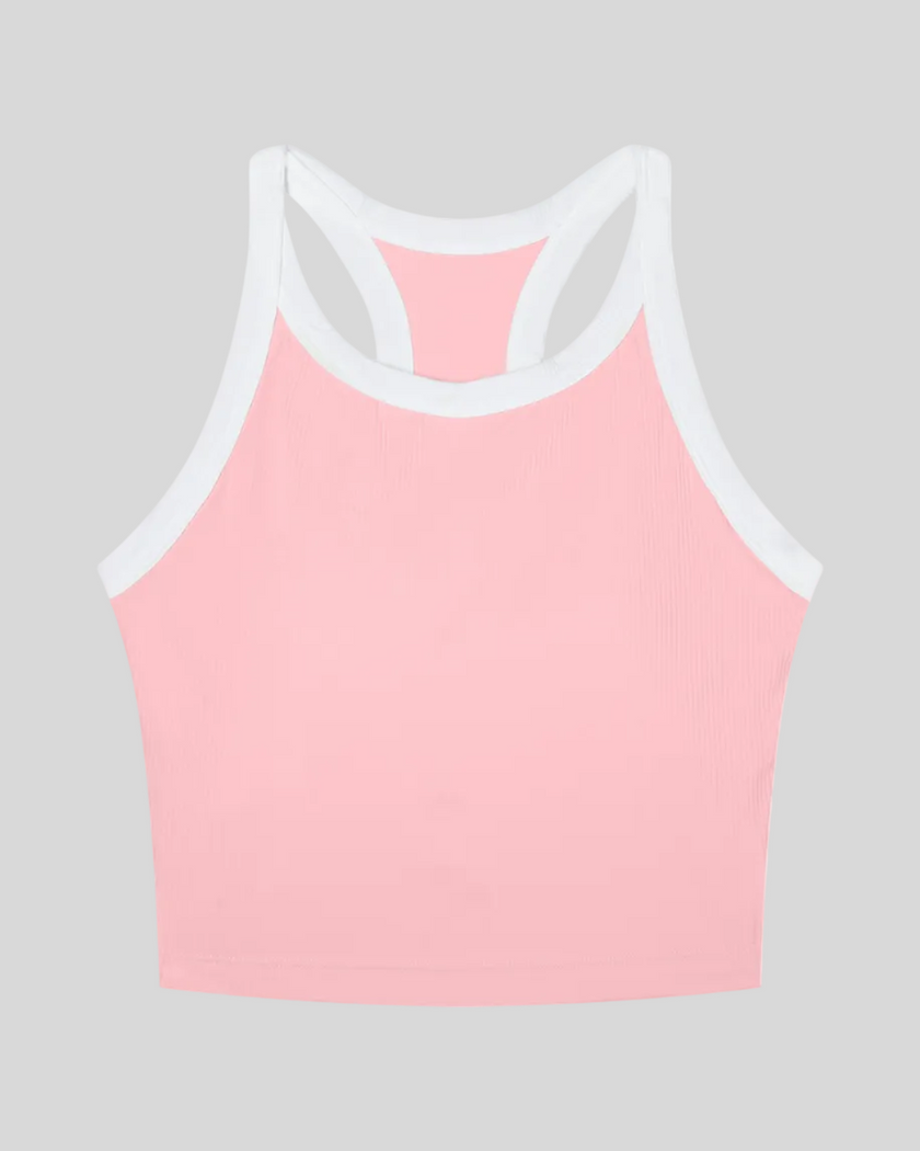 TrackLine color block tank top in Pink front view with contrasting green and navy trim and ribbed fabric