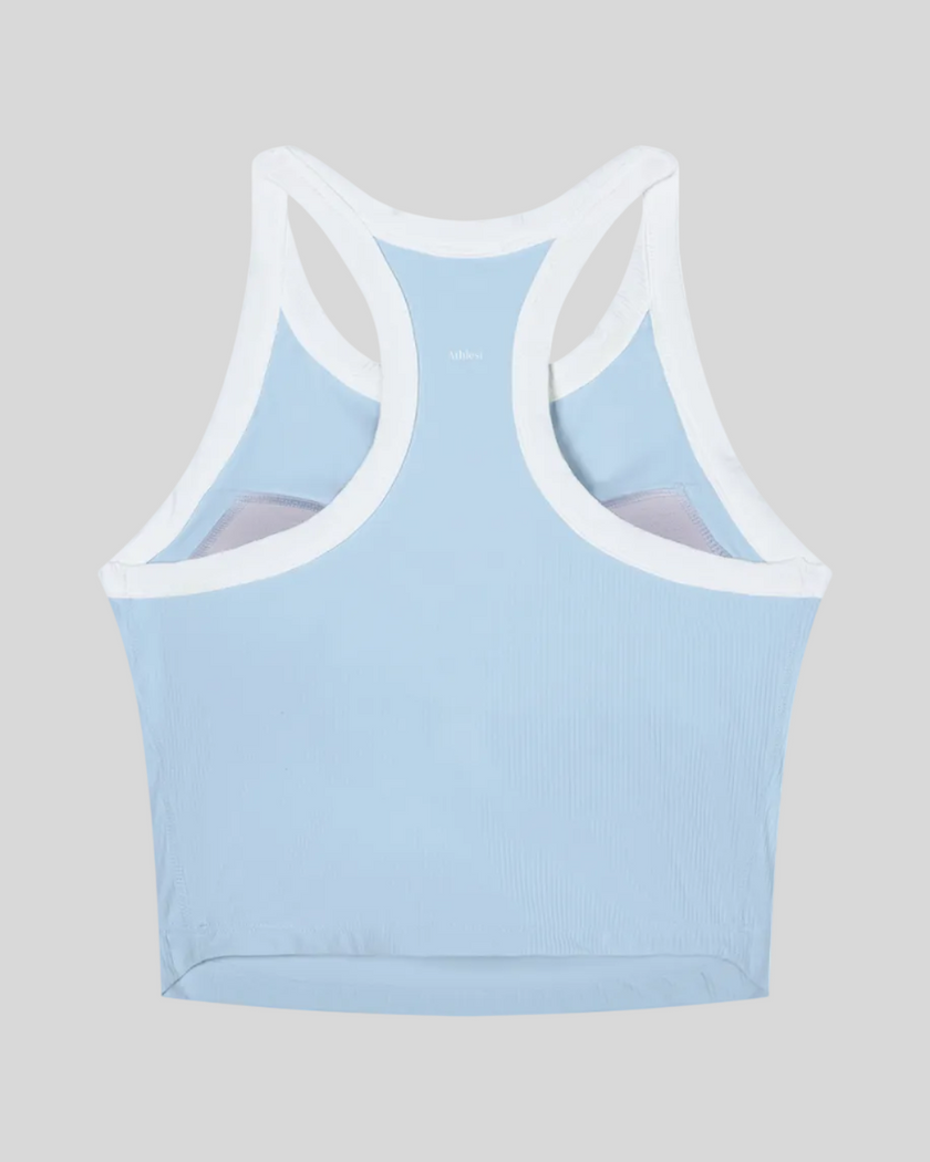 TrackLine color block tank top in Sky Blue back view showing racerback design and contrasting trim.