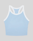 TrackLine color block tank top in Sky Blue front view with contrasting green and navy trim and ribbed fabric