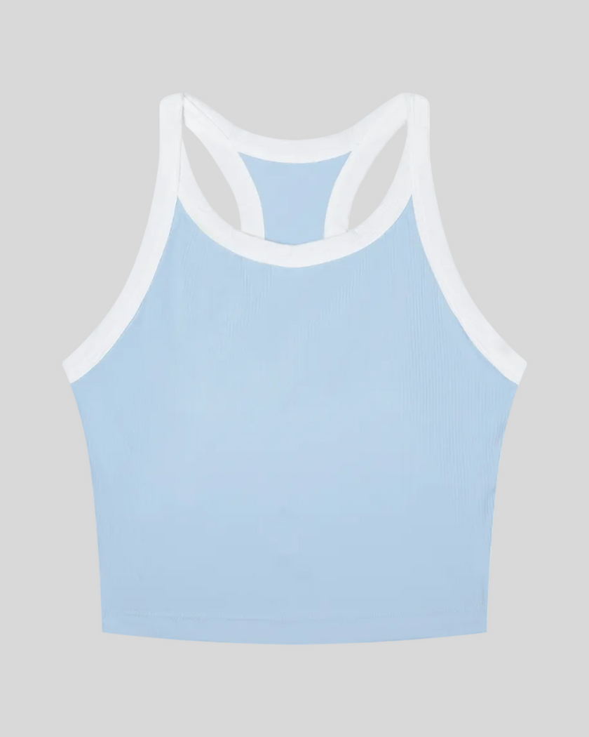 TrackLine color block tank top in Sky Blue front view with contrasting green and navy trim and ribbed fabric