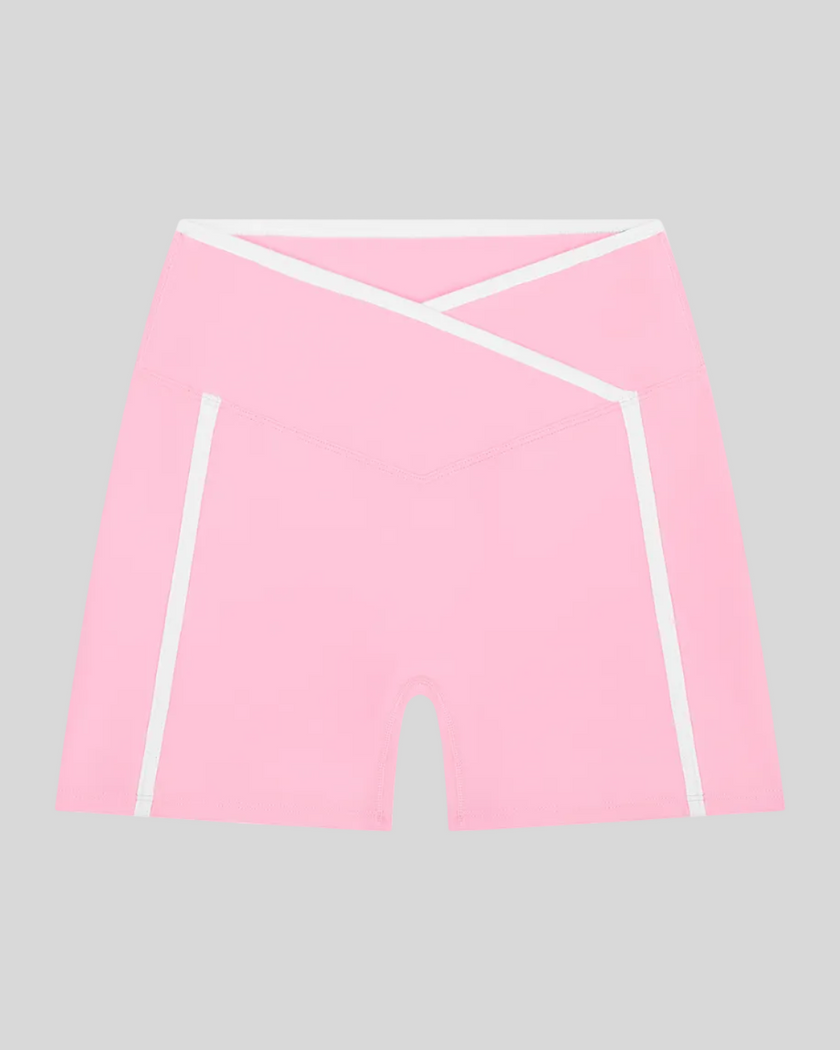 TrackLine Color Block Yoga Shorts in Light Pink and White front view