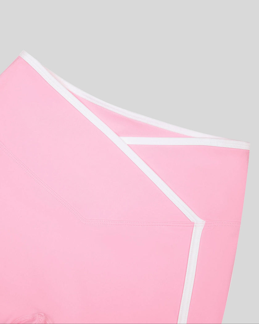 Crossover waistband detail of the TrackLine Color Block Yoga Shorts