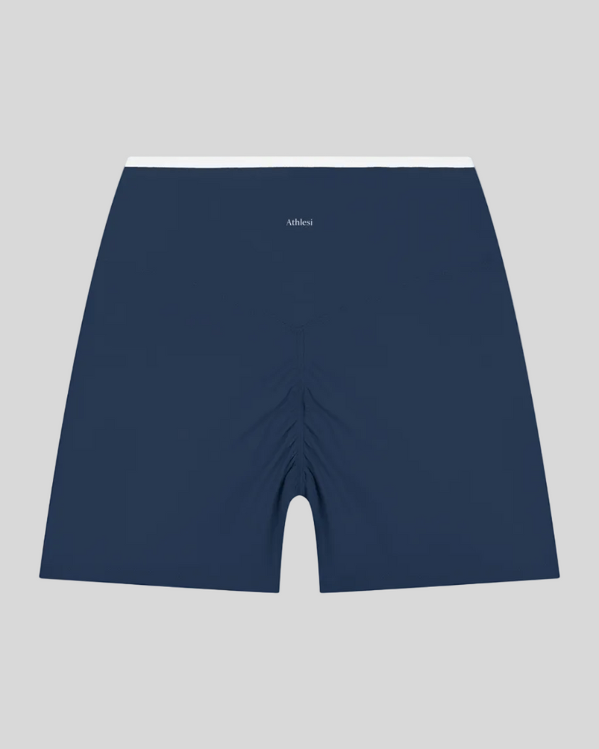 TrackLine Color Block Yoga Shorts in Navy Blue and White back view