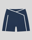 TrackLine Color Block Yoga Shorts in Navy Blue and White front view