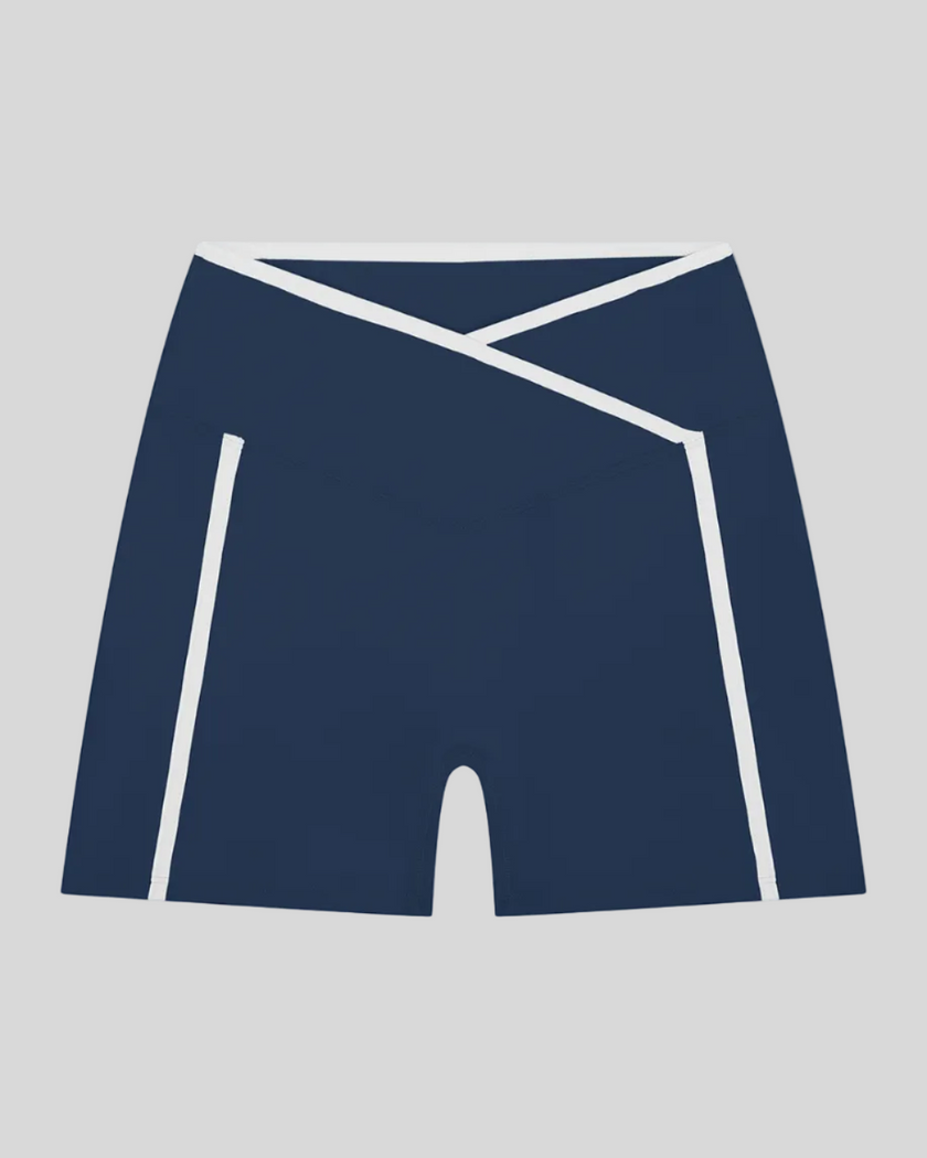 TrackLine Color Block Yoga Shorts in Navy Blue and White front view