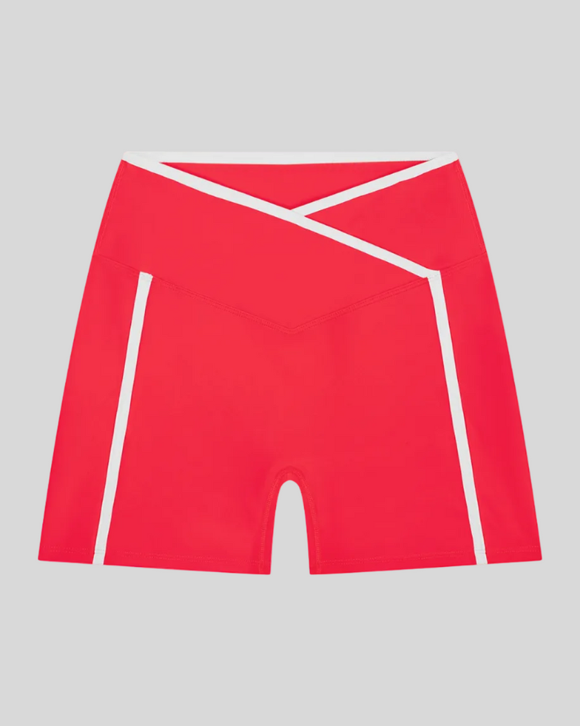 TrackLine Color Block Yoga Shorts in Red and White front view