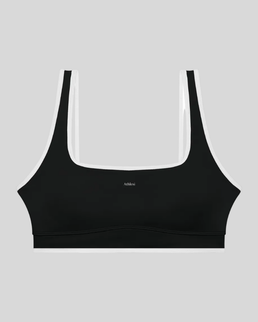 TrackLine Color Block Yoga Sports Bra in Black and White front view