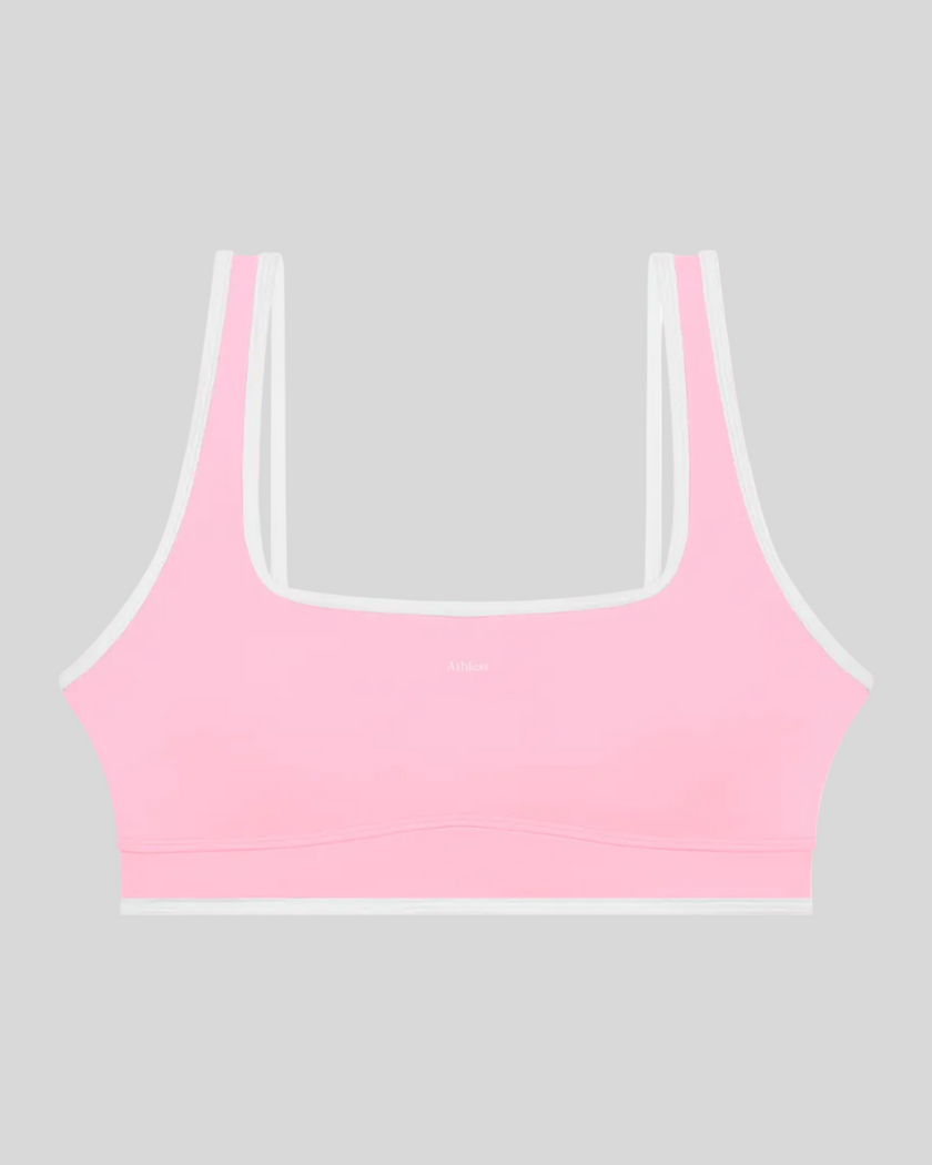 TrackLine Color Block Yoga Sports Bra in Light Pink and White front view