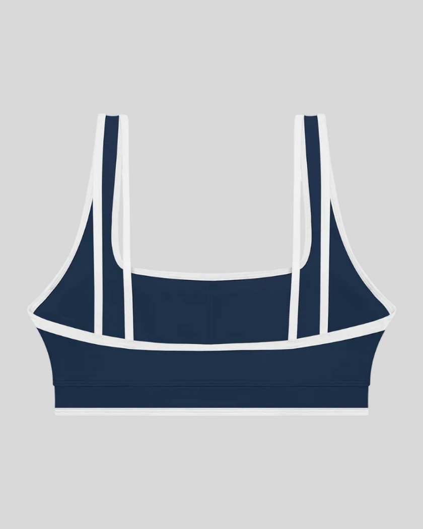 TrackLine Color Block Yoga Sports Bra in Navy Blue and White back view