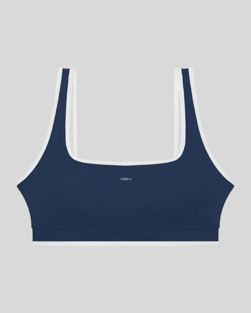 TrackLine Color Block Yoga Sports Bra in Navy Blue and White front view