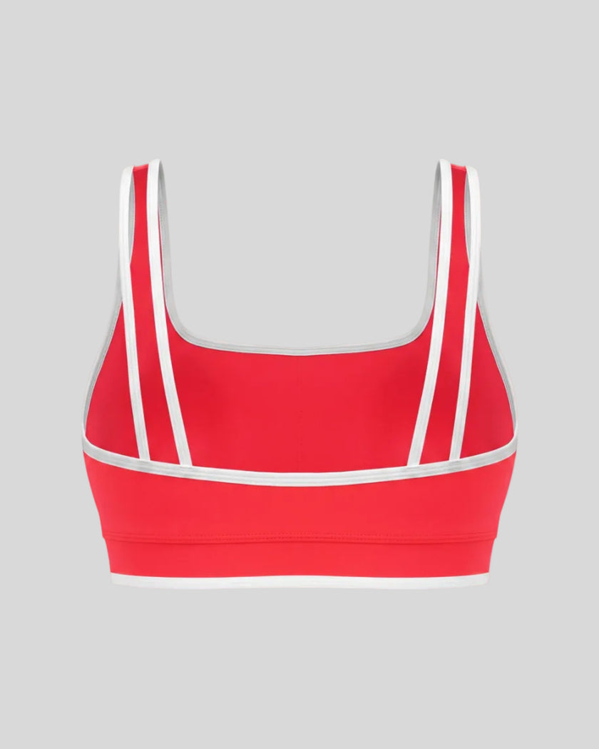 TrackLine Color Block Yoga Sports Bra in Red and White 3d back view