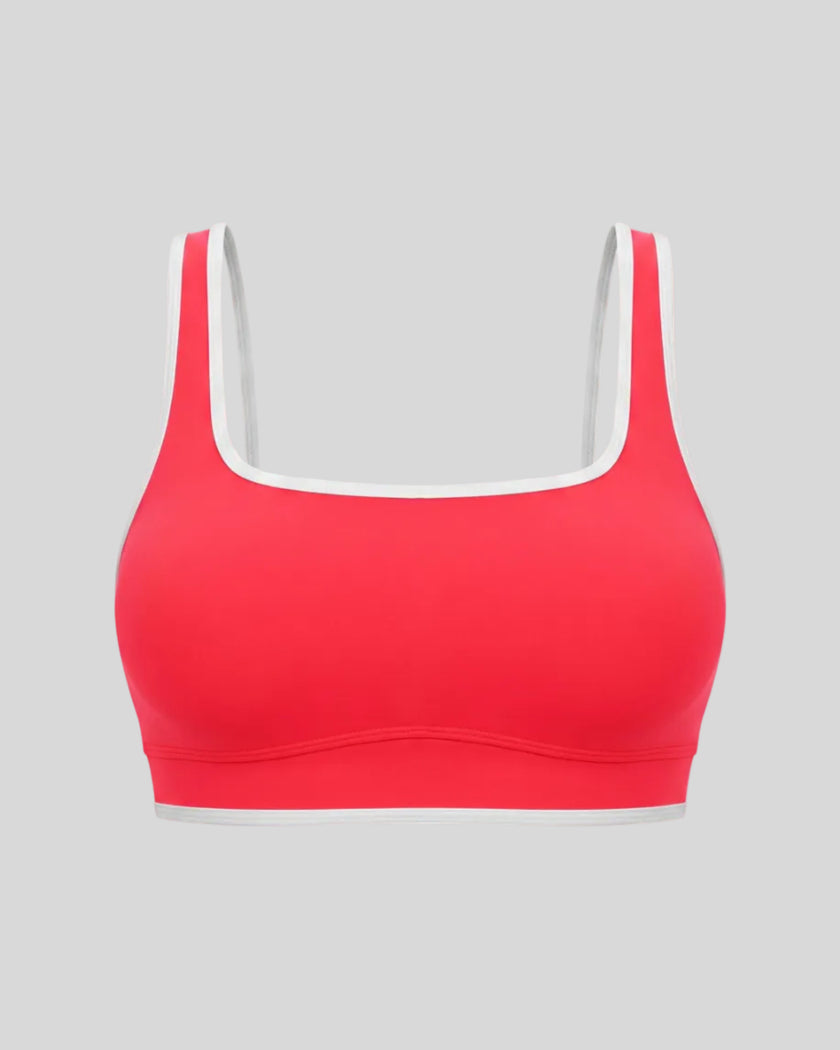 TrackLine Color Block Yoga Sports Bra in Red and White 3d front view