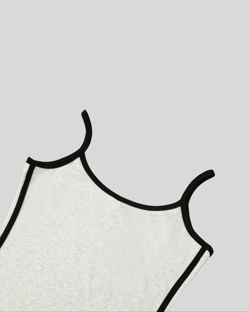 Front neckline closeup of the Athlesi TrackLine Contour Dress in oat gray
