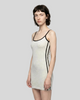 Left angle view of a woman wearing the Athlesi TrackLine Contour Dress in oat gray