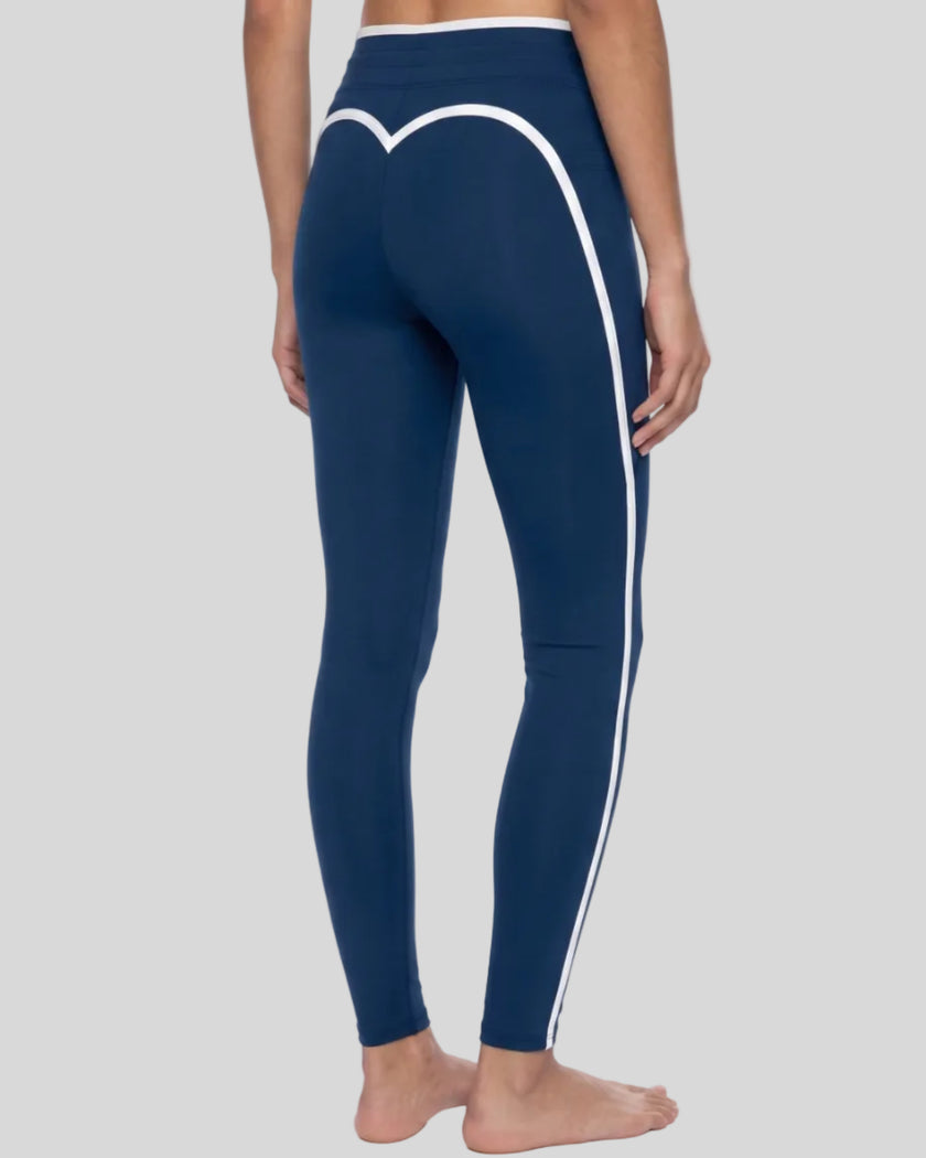 Model wearing the TrackLine Contour Yoga Leggings in Navy Blue, back angle view