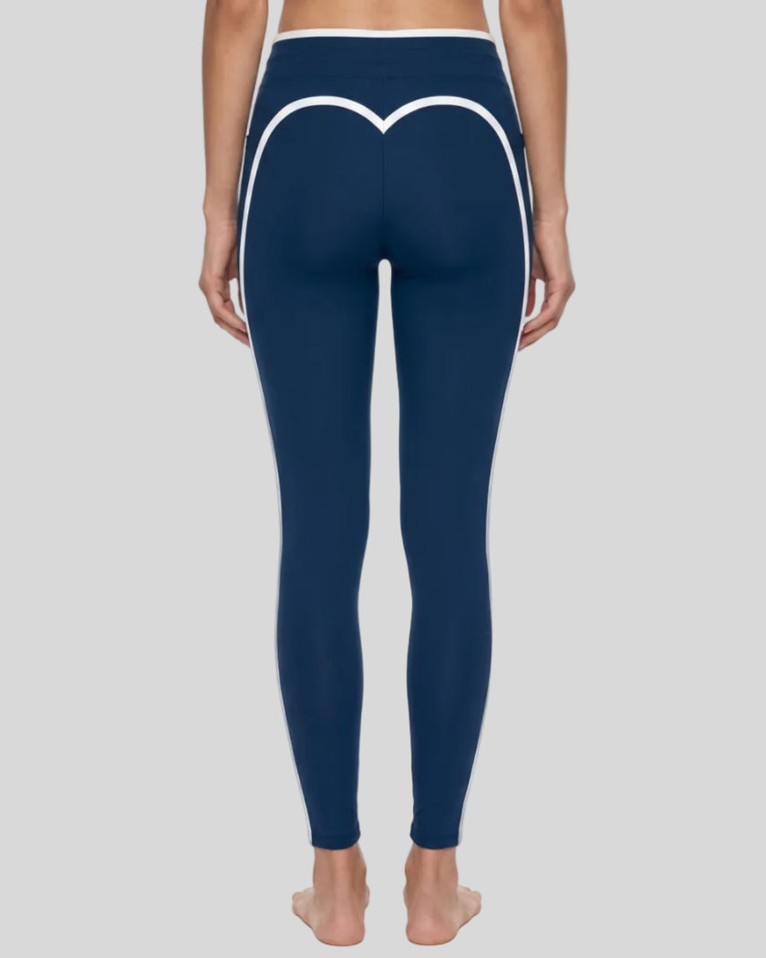 Model wearing the TrackLine Contour Yoga Leggings in Navy Blue, back view