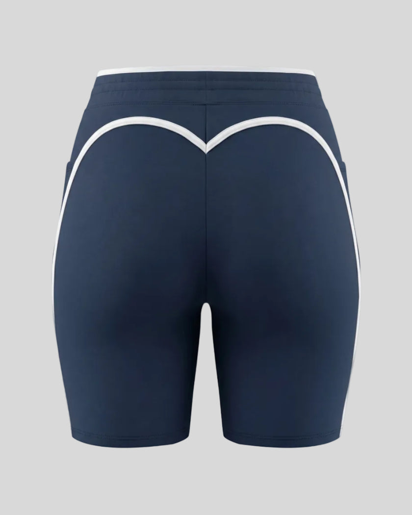 Back view of the TrackLine Contour Yoga Shorts in Navy Blue