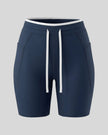 Front view of the TrackLine Contour Yoga Shorts in Navy Blue