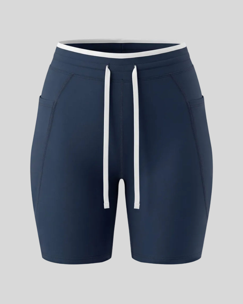 Front view of the TrackLine Contour Yoga Shorts in Navy Blue