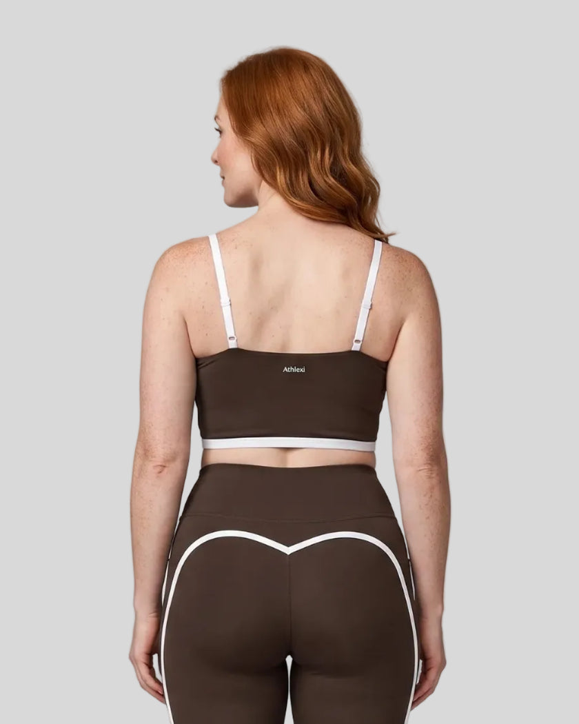 Model wearing the TrackLine Contour Yoga Sports Bra in Coffee, back view