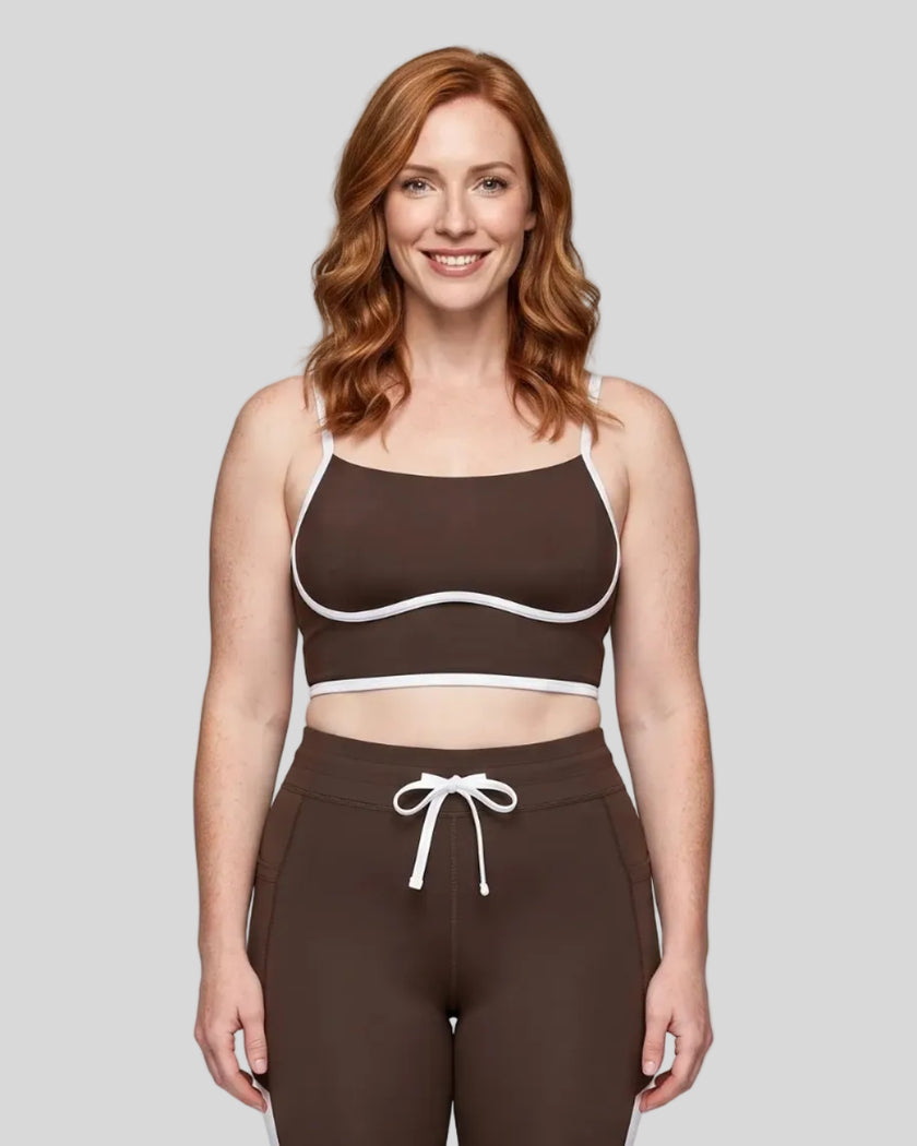 Model wearing the TrackLine Contour Yoga Sports Bra in Coffee, front view