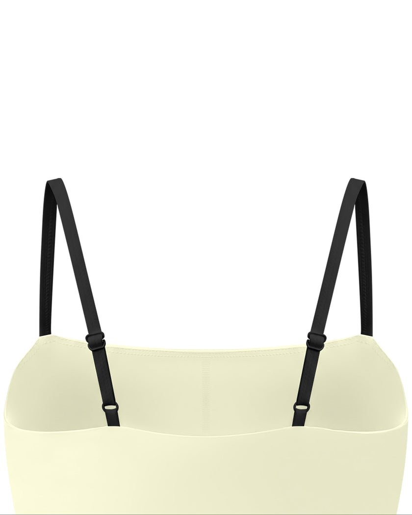 Closeup of the back panel and adjustable straps on the TrackLine Contour Yoga Sports Bra in White.