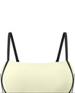 Closeup of the U-neckline and contrast contour detailing on the TrackLine Contour Yoga Sports Bra in White.