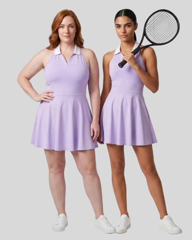 Two women modeling matching purple TrackLine Court tennis dresses in size Medium and X-Large