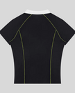Back view of the TrackLine Court Polo in Black with raglan sleeves and breathable athletic construction.