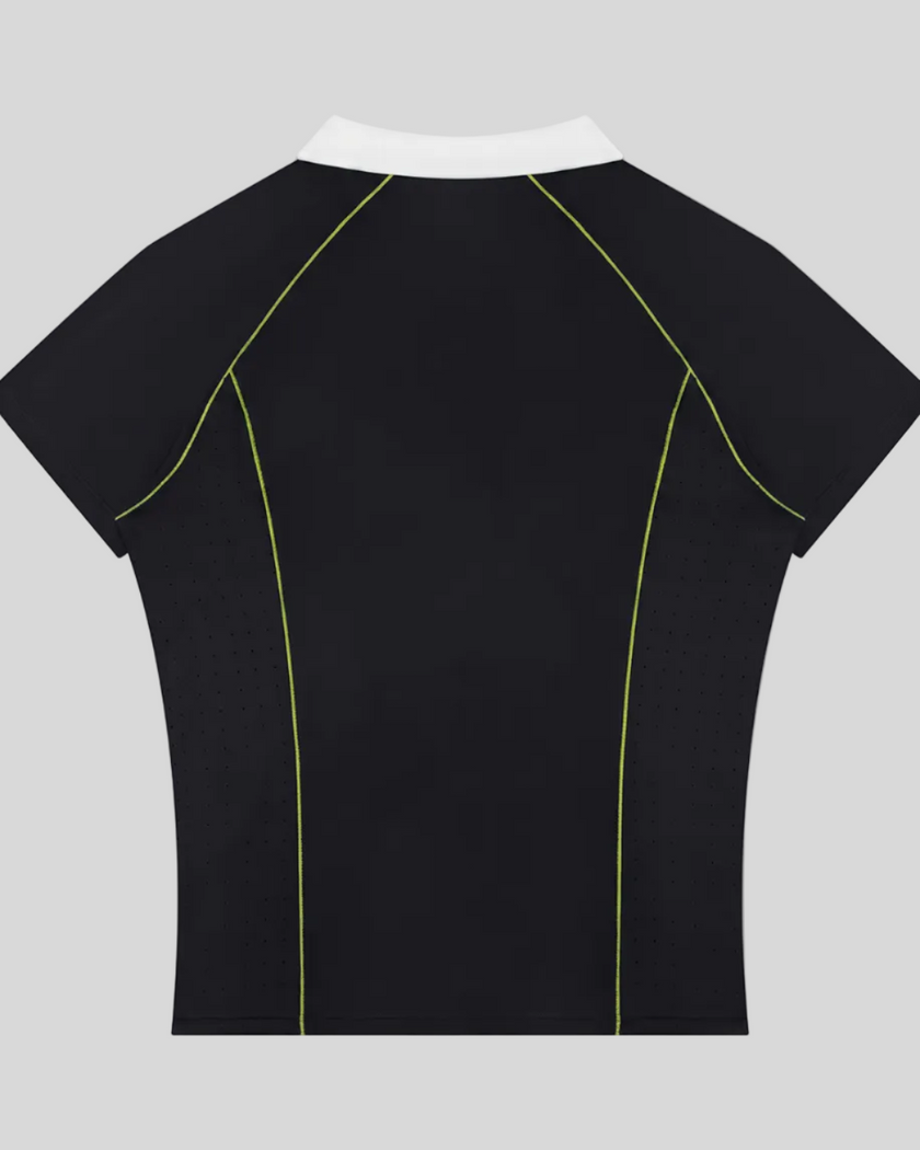 Back view of the TrackLine Court Polo in Black with raglan sleeves and breathable athletic construction.