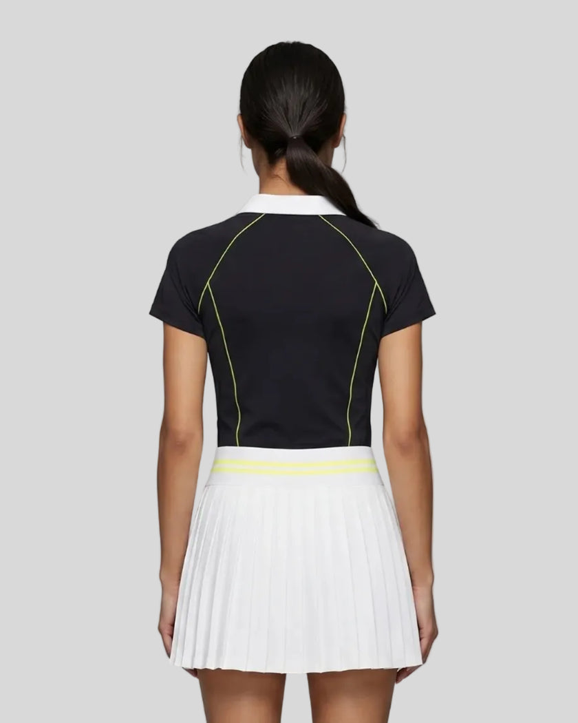 Back view of a female model wearing the TrackLine Court Polo in Black