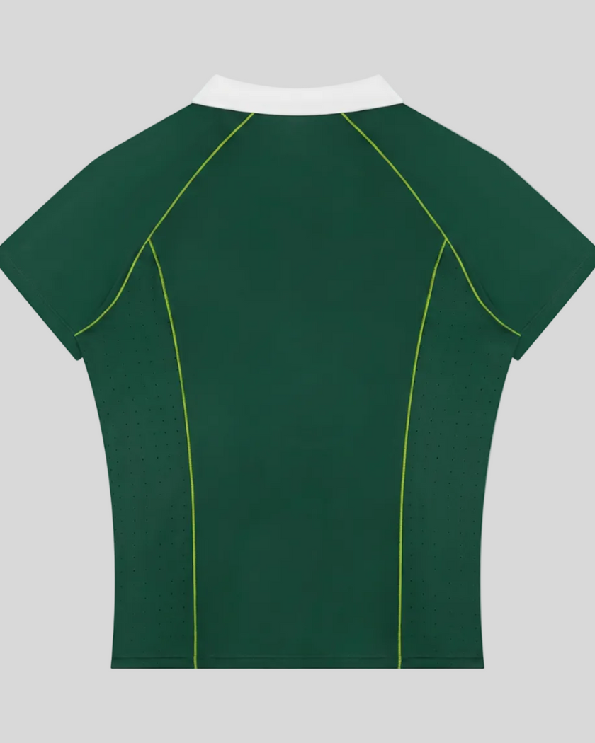 Back view of the TrackLine Court Polo in Blackish Green with raglan sleeves and breathable athletic construction.