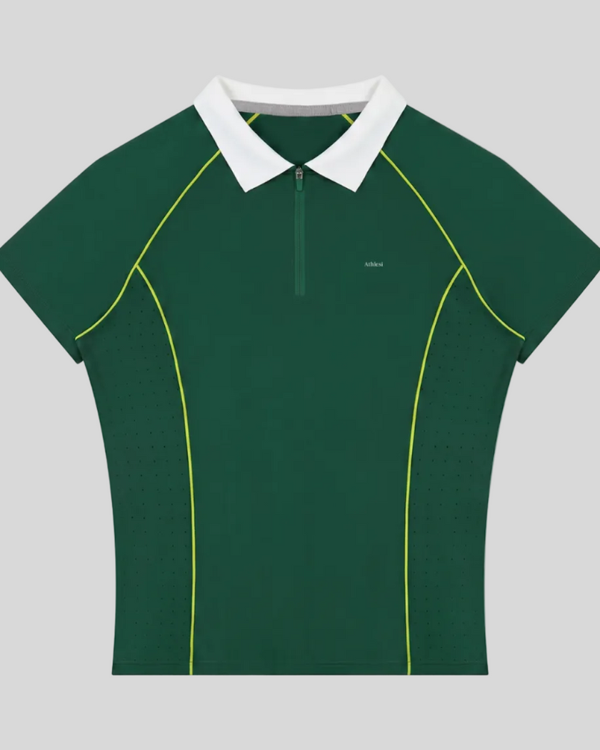 TrackLine Court Polo in Blackish Green featuring a quarter-zip collar, slim fit silhouette, and contrast piping details.