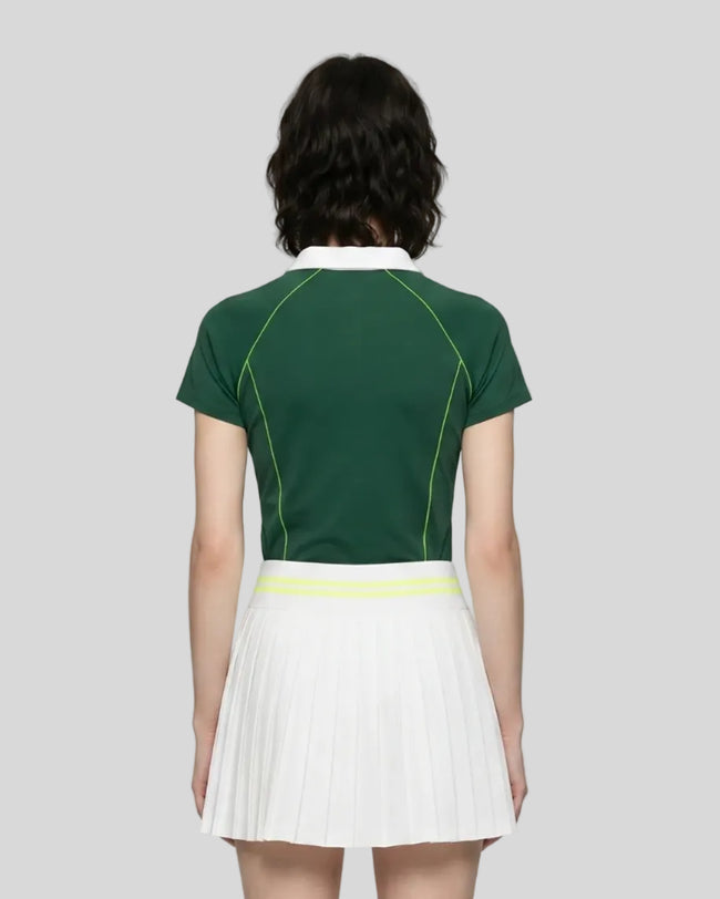 Back view of a female model wearing the TrackLine Court Polo in Blackish Green