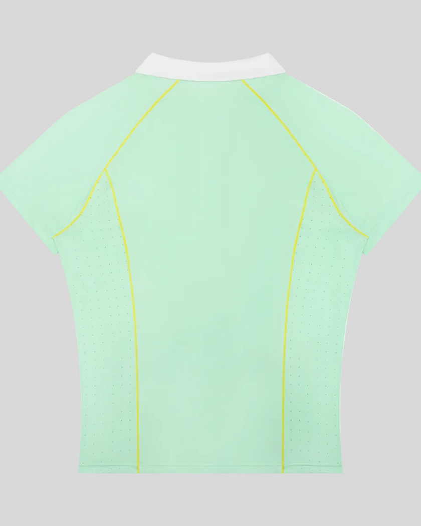 Back view of the TrackLine Court Polo in Mint Green with raglan sleeves and breathable athletic construction.