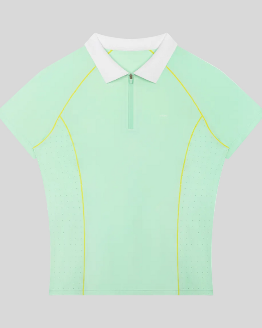 TrackLine Court Polo in Mint Green featuring a quarter-zip collar, slim fit silhouette, and contrast piping details.