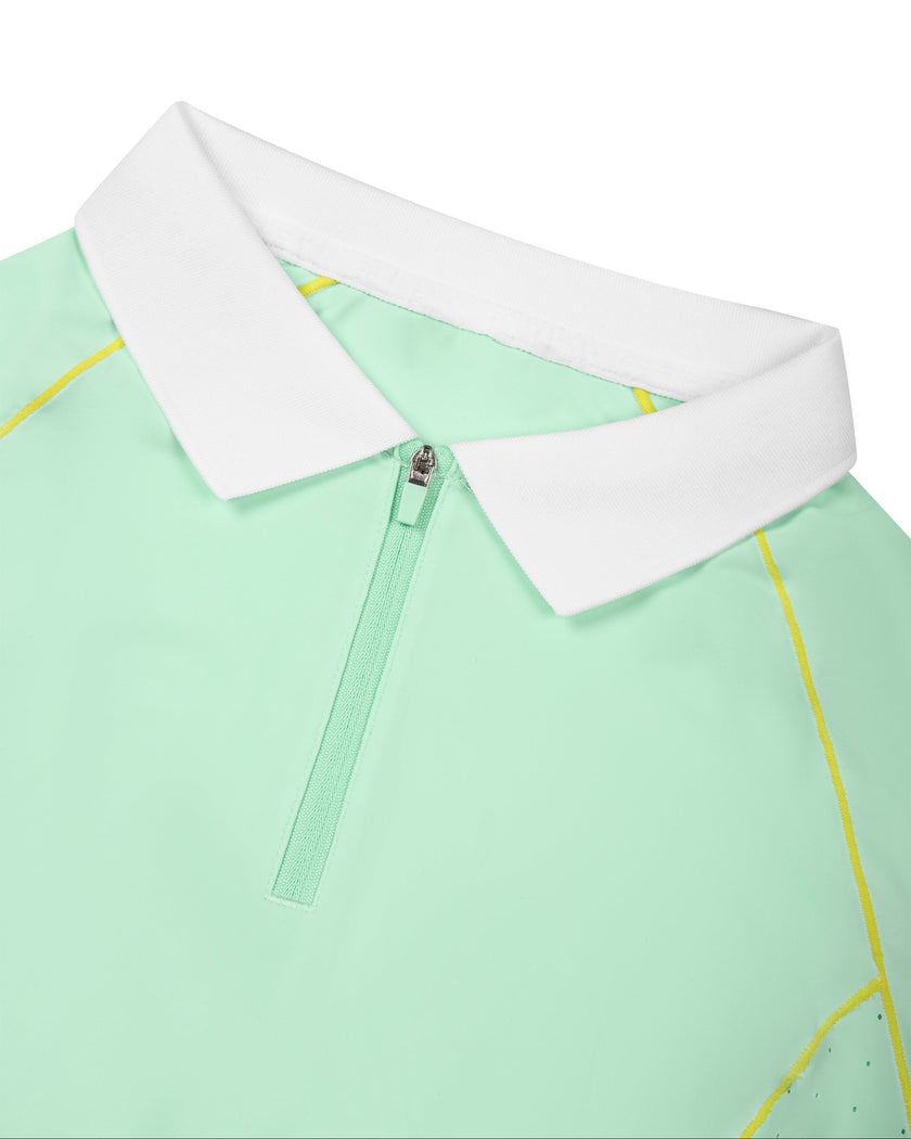 Closeup of the quarter-zip collar and lapel neckline on the TrackLine Court Polo in Mint Green.