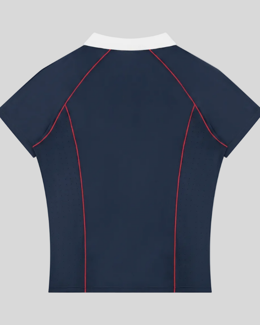 Back view of the TrackLine Court Polo in Navy Blue with raglan sleeves and breathable athletic construction.