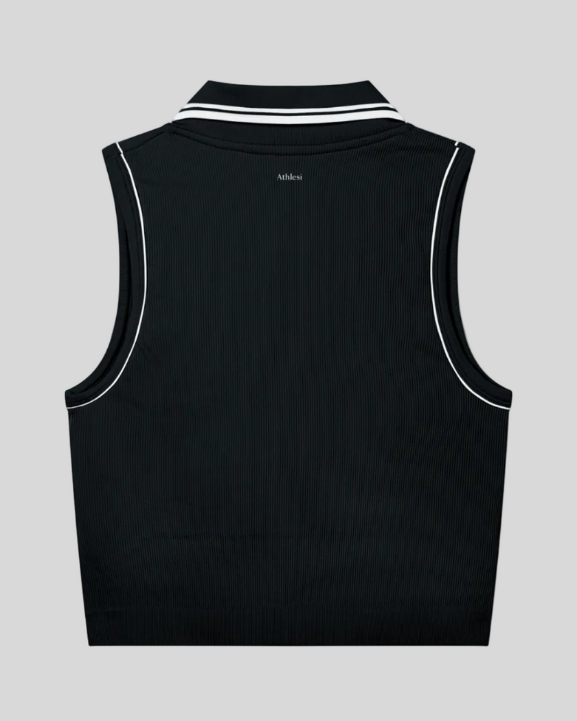 TrackLine Court Polo Tank Top in Black with White back view showcasing the clean ribbed silhouette