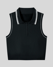 TrackLine Court Polo Tank Top in Black with White front view featuring a ribbed sleeveless design with classic polo collar
