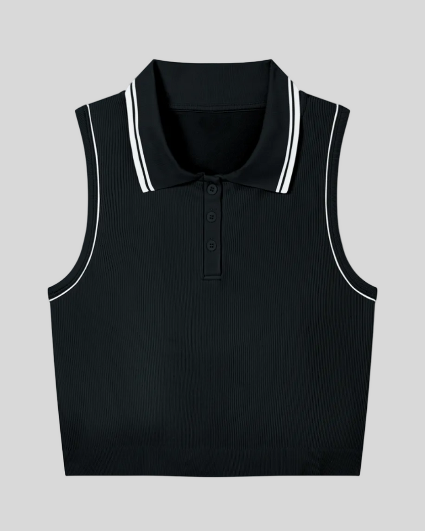 TrackLine Court Polo Tank Top in Black with White front view featuring a ribbed sleeveless design with classic polo collar