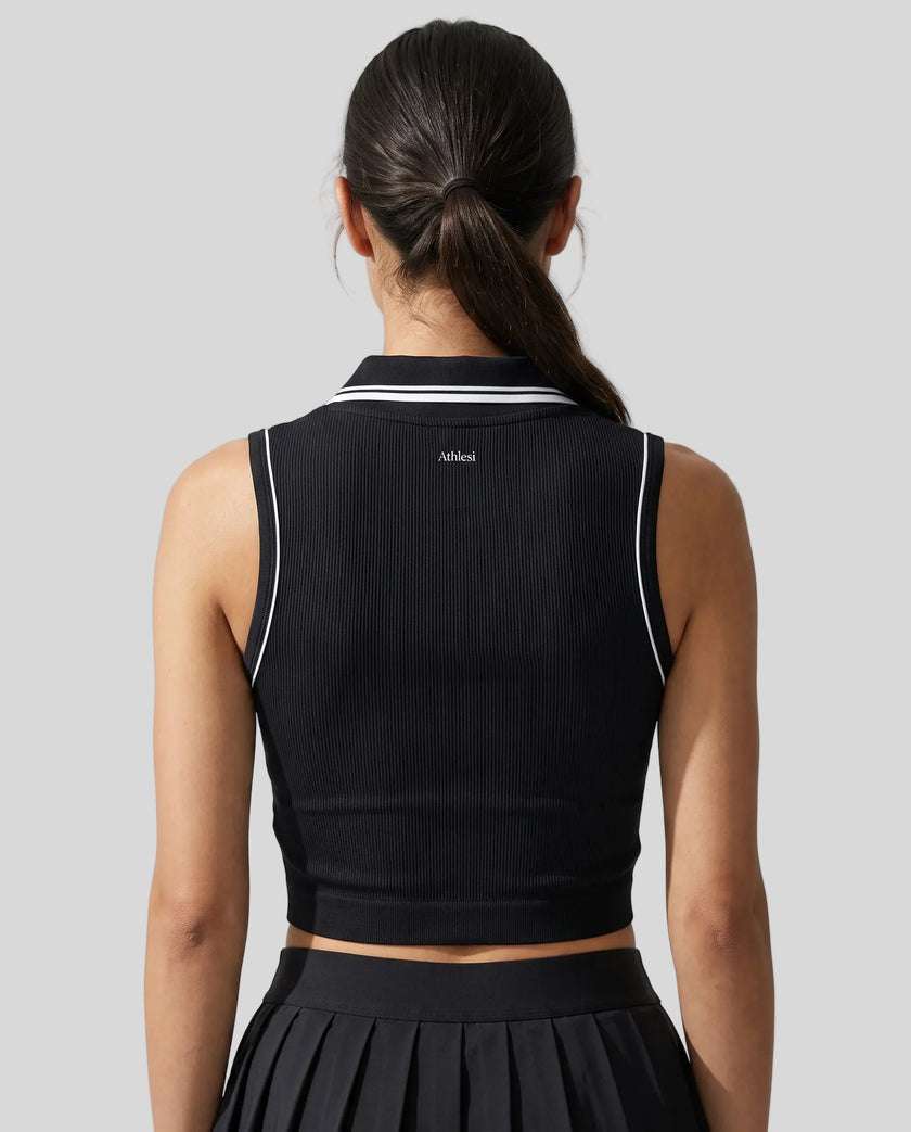 Back view of a model wearing the TrackLine Court Polo Tank Top in Black with White