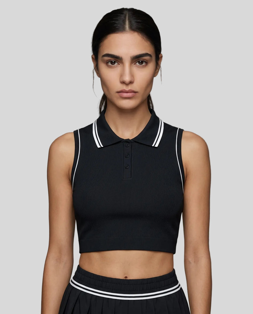 Model wearing the TrackLine Court Polo Tank Top in Back with White viewed from the front