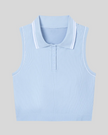 TrackLine Court Polo Tank Top in Blue with White front view featuring a ribbed sleeveless design with classic polo collar