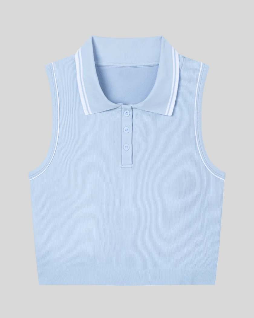 TrackLine Court Polo Tank Top in Blue with White front view featuring a ribbed sleeveless design with classic polo collar