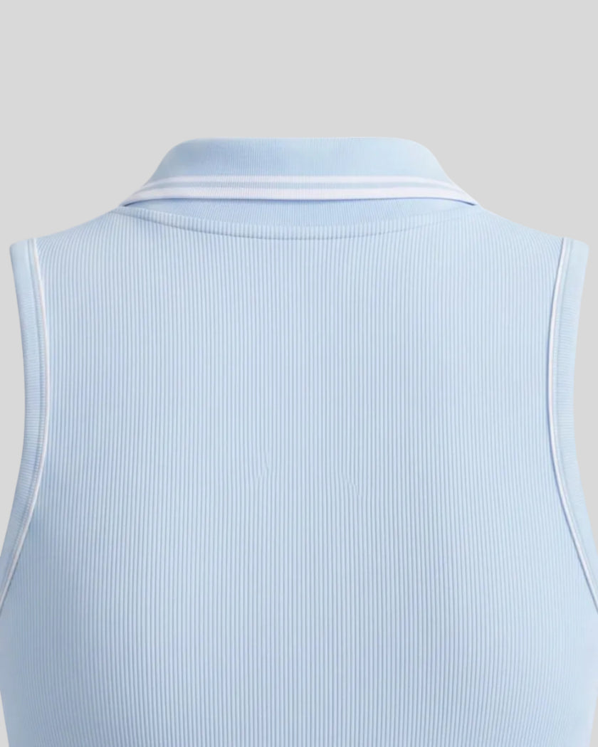 Back collar close-up of the TrackLine Court Polo Tank Top in Blue with White highlighting the contrast stripe detail