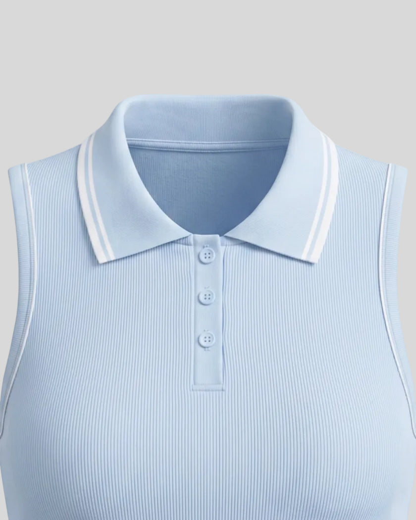Close-up of the TrackLine Court Polo Tank Top collar with contrast stripe and button placket in Blue with White