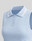 Side angle close-up of the TrackLine Court Polo Tank Top in Blue with White showing its fitted silhouette