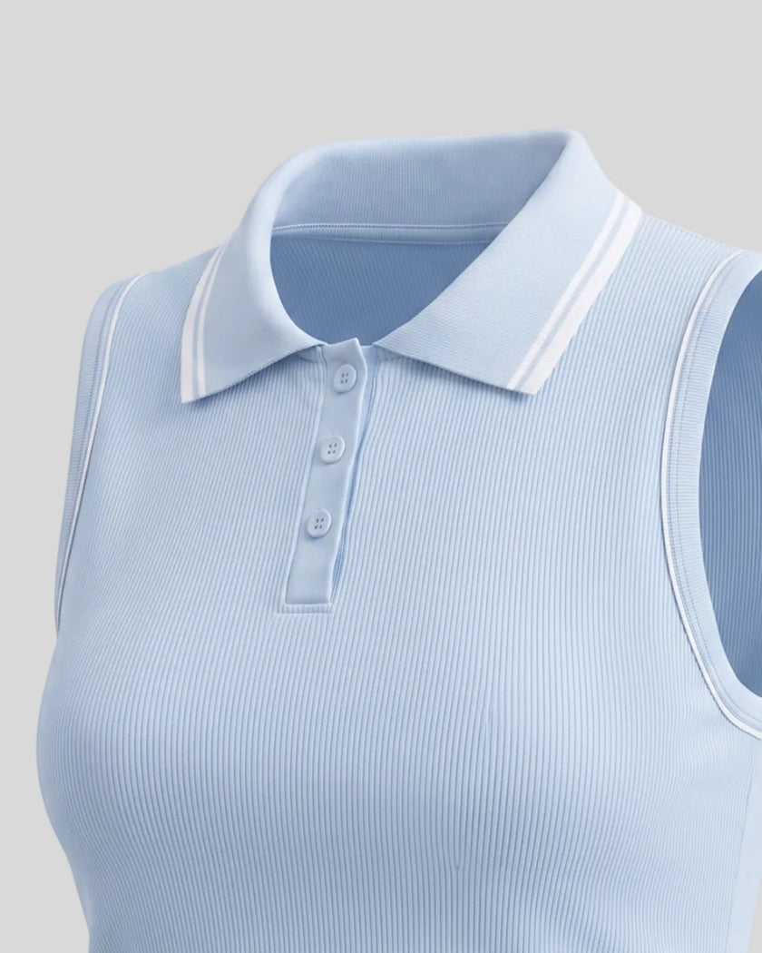 Side angle close-up of the TrackLine Court Polo Tank Top in Blue with White showing its fitted silhouette